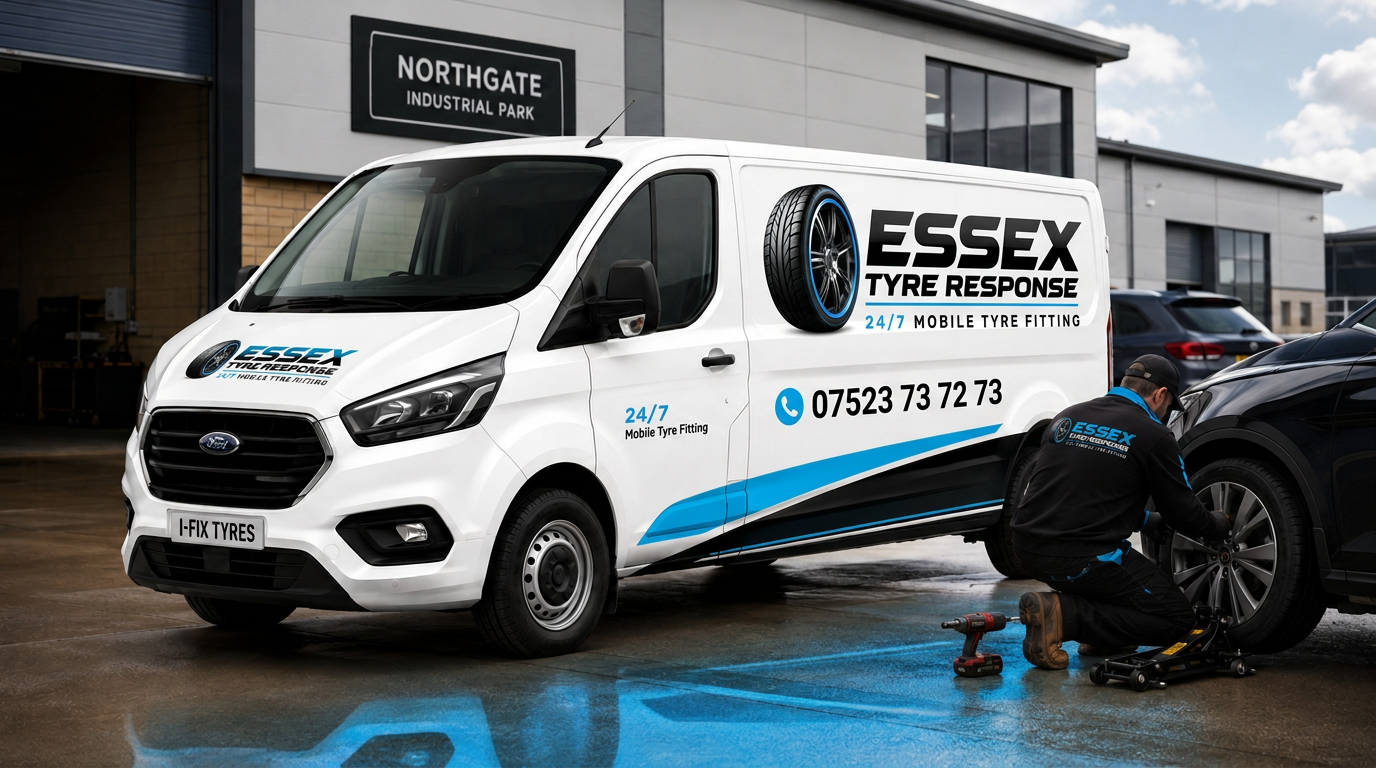 Essex Tyre Response engineer fitting tyres at a workplace